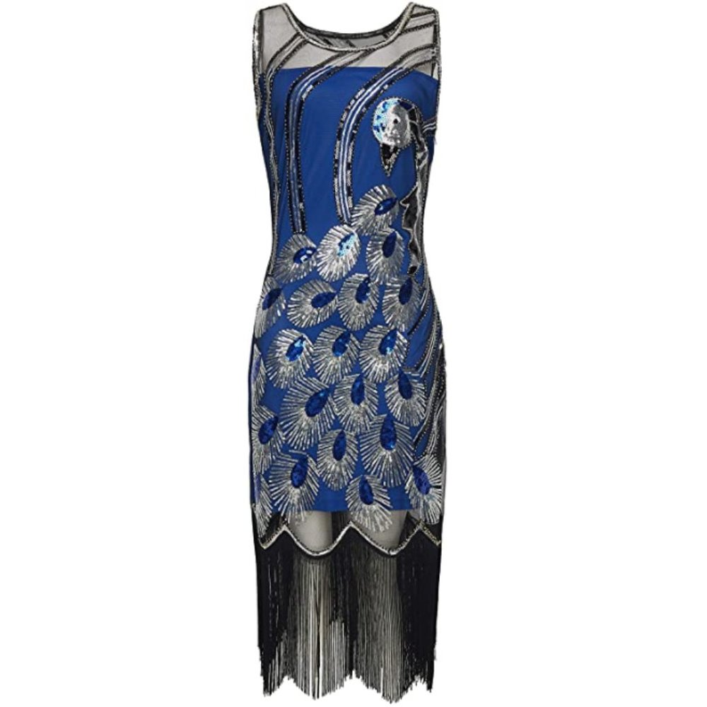 20's Peacock Blue Flapper Dress with Sequin Detail